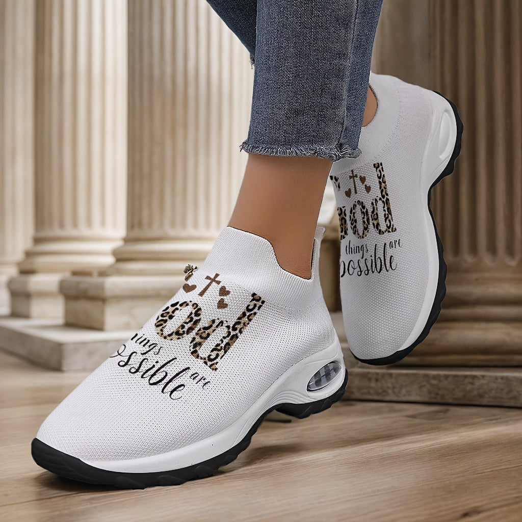 Women's Breathable Knit Slip-On Sneakers with Inspirational Quote & Leopard Print - White Fabric Upper, EVA Cushioned Sole for All-Season Comfort, Casual Walking & Outdoor Camping Shoes, Outdoor Sneakers | Leopard Print Sneak