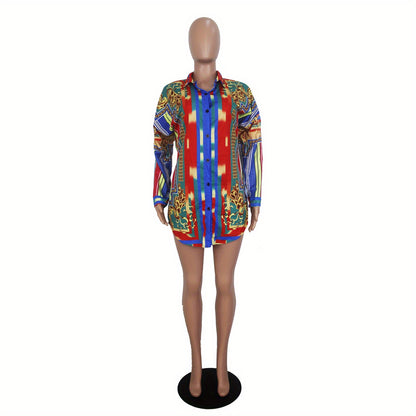 Ladies' Casual Shirt Dress with Colorful Striped Long Sleeved Shirt Dress