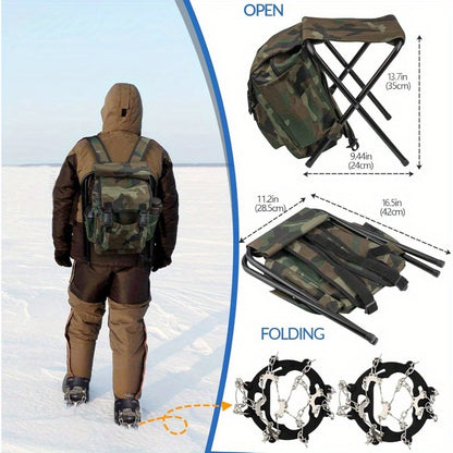 Complete Ice Fishing Rod and Reel Combo Set with Backpack, Seat, Cleats, Jigs, Line - 24/26, Medium-Light Power, Right-Handed, Fast Action, Fluorosint 500 PTFE, Ideal for Winter Fishing, Ice Fishing Gear | Camouflage Backpack