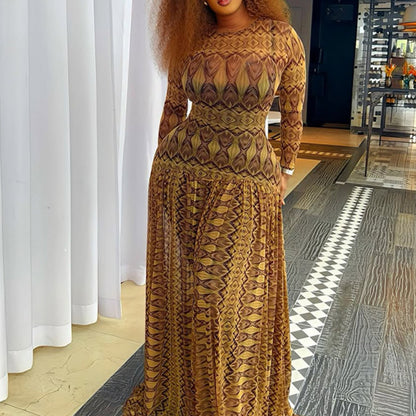 Maxi Dress - Regal Golden and Brown Patterned with Long Sleeves | Elegant Crew Neck - Fitted Style, Perfect for All Seasons, Ruffle Details, by SCACTO