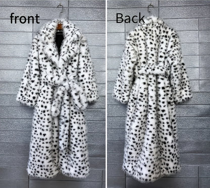 Ladies' Faux Jacket - Black And White Dalmatian Pattern Fluffy Outerwear for Fall/Winter 2025. Vegan-Friendly Fox Coat for Women - Oversized Spotted Black And White Jacket - Cozy And Fashionable Winter Outerwear. New Women'S