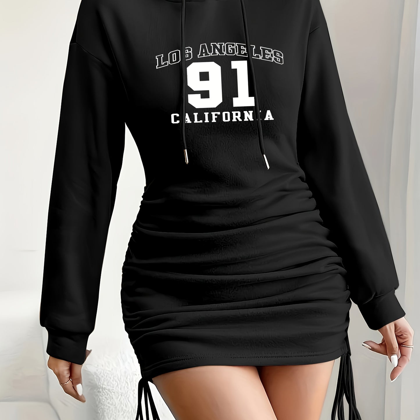 Women'S Black Hooded Bodycon Dress with Drawstring Detail - Los Angeles 91 California Print, Long Sleeve Mini Dress for Fall, Casual Wear Dress | Alphabet Pattern Dress | Polyester Fabric