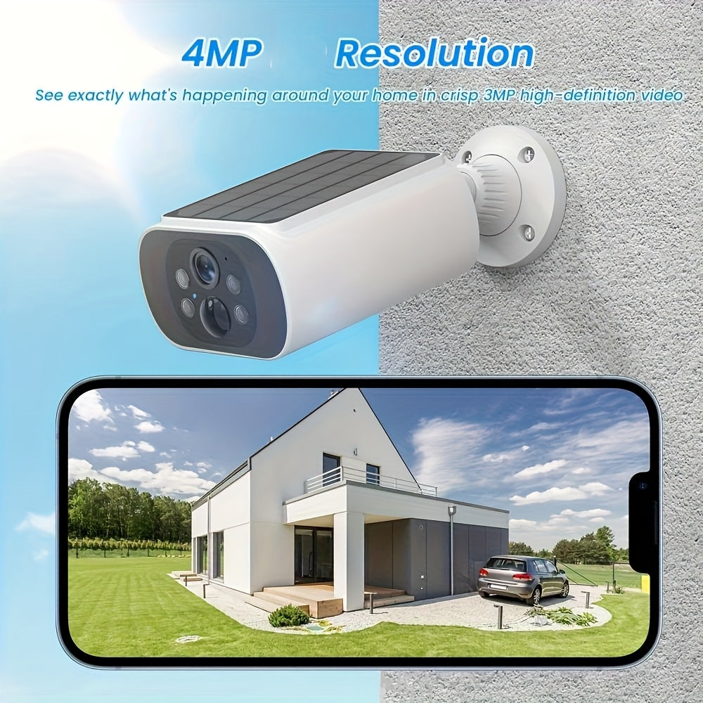 4MP Solar-Powered Wireless Outdoor Camera, 2.4GHz WiFi Security Surveillance with Solar Panel, 3 Night Vision Modes, Human Detection, High Quality, Two-Way Audio & Alexa Support