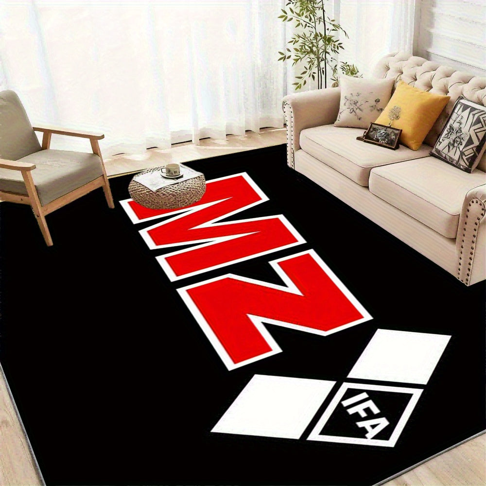 Extra Large Modern Black & Red MZ Lettering Area Mat - Heavy-Duty Non-Slip Backing, Machine Washable Mat for Living Room, Bedroom, Office - Red & White Bold MZ Lettering