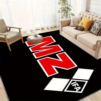 Extra Large Modern Black & Red MZ Lettering Area Mat - Heavy-Duty Non-Slip Backing, Machine Washable Mat for Living Room, Bedroom, Office - Red & White Bold MZ Lettering