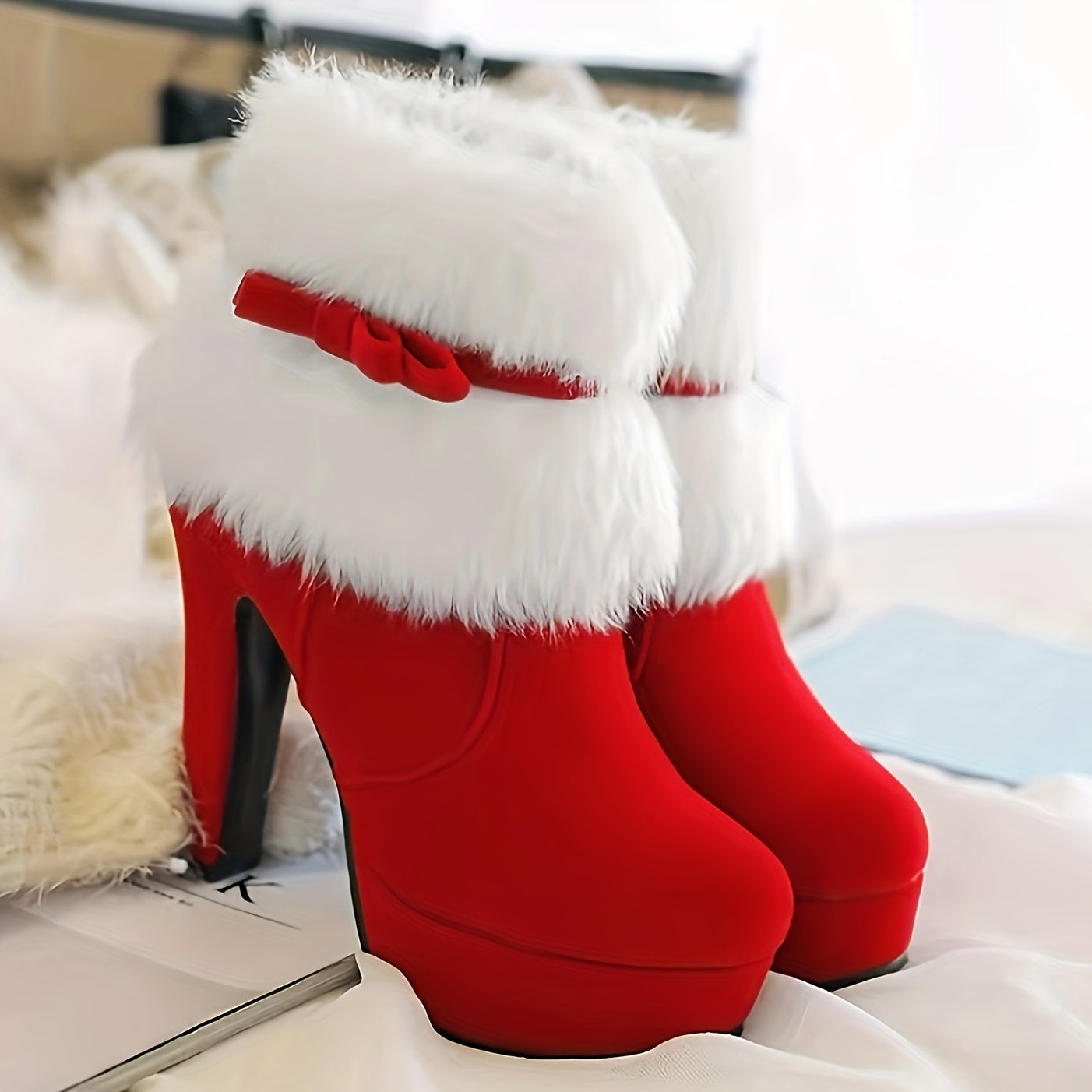 Women's Plush Lined Short Bowknot Boots with High Block Heel - Round Toe Zipper Closure Winter Boots, Soft Rubber Sole & Bow Accent Christmas Boots for Jeans/Casual Outfits (Hand Washable)