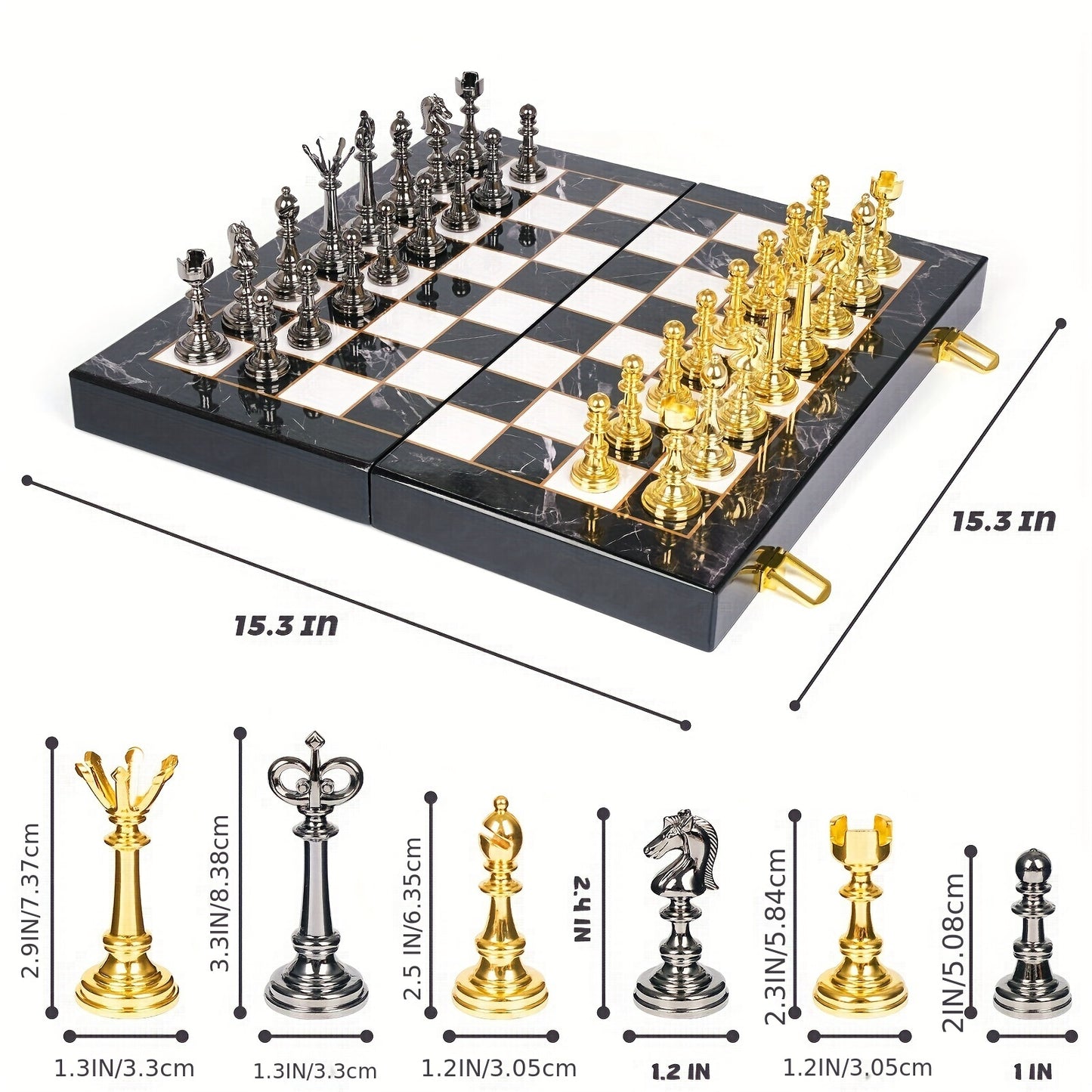 2-in-1 Metal Chess & Checkers Set with 15-Inch Portable Folding Wooden Board - Elegant Golden & Strategy Game with Storage Box, Durable Metal Pieces & Wooden Board for Adults, Travel-Friendly Chess and Checkers Game for Home,