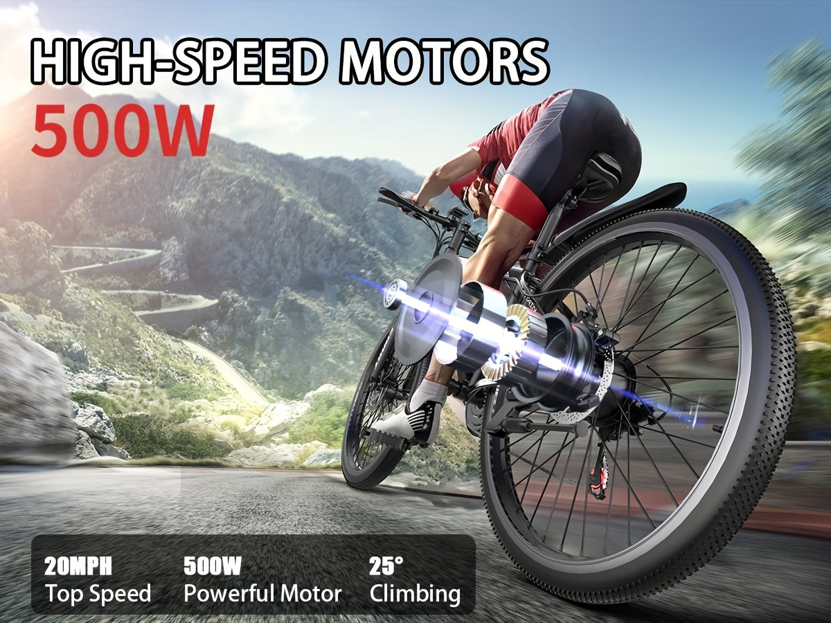 Mountain Electric Bicycle, Battery Can Be Sold Separately, 500W (peak 740W) Silent Motor, 26 Inch Tires, Power Brake, Alloy Frame, 20MPH, Additional Mudguard, Equipped With Front Plug And Lighting System