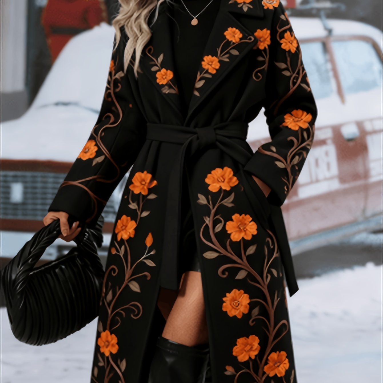 Fashionable And Elegant - Winter New Arrival - Women's Long Trench Coat - Warm And Simple - Double-Breasted Buttons With Belt - Featuring Floral Vine Print