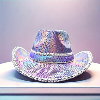 HONGLUAN Sparkly Rhinestone Cowboy Hat for Women & Men - Shiny Purple Iridescent Western Hat with Wide Brim, Multicolor (Pink/Blue/Purple/Green) Bling Design, Durable for Country Parties, Music Festivals, Halloween, Christmas