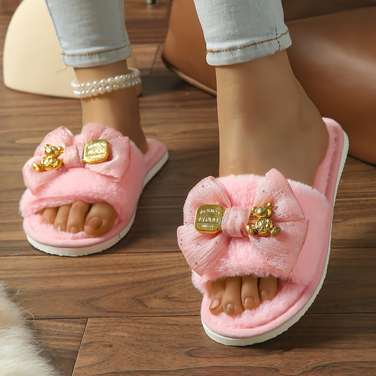 New Style Bear Bow Slippers for Women, Suitable for Spring, Summer, Autumn, And Winter, Featuring Open-Toe Design And Available in Larger Sizes for Indoor Use.