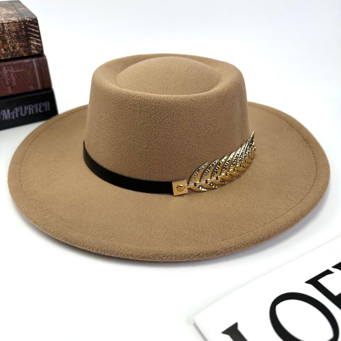 1pc Women'S Retro Wide-Brimmed Fedora Hat with Metal Crescent & Black Leather-like Band - Vibrant Orange/Red/Green/Black/Navy Blue/Purple/White - Elegant Non-Stretch Design for Autumn Winter, Music Festivals, Christmas & Dail