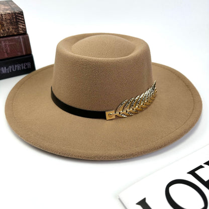 1pc Women'S Retro Wide-Brimmed Fedora Hat with Metal Crescent & Black Leather-like Band - Vibrant Orange/Red/Green/Black/Navy Blue/Purple/White - Elegant Non-Stretch Design for Autumn Winter, Music Festivals, Christmas & Dail