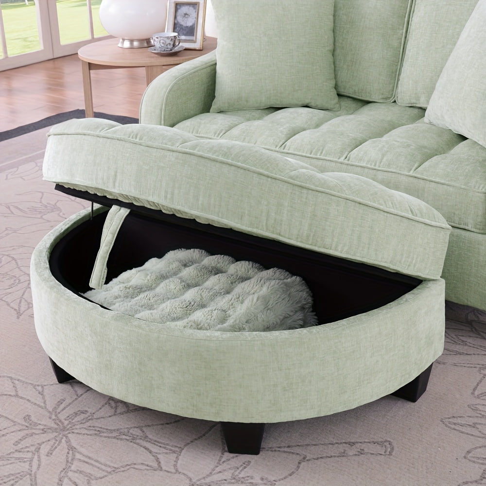 Modern Green Chaise Sofa Bed with Storage Footrest & Cushions - Space-Saving Convertible Couch, Foam-Padded Cushioning, Engineered Frame, Easy Assembly for Small Apartments, Living Room & Bedroom Furniture