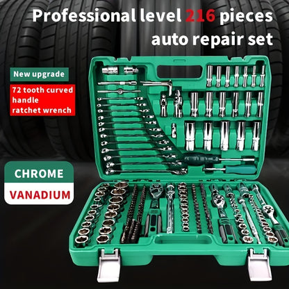 High-end Professional 216&45pcs Mechanical Tool Set, 1/2*1/4 Inch And 3/8 Inch Drive Depth And Standard Wrench Set, Torque Wrench, Auto Parts Repair And Household Mechanical Tool Set, Suitable for Vehicle And Bicycle Repair T