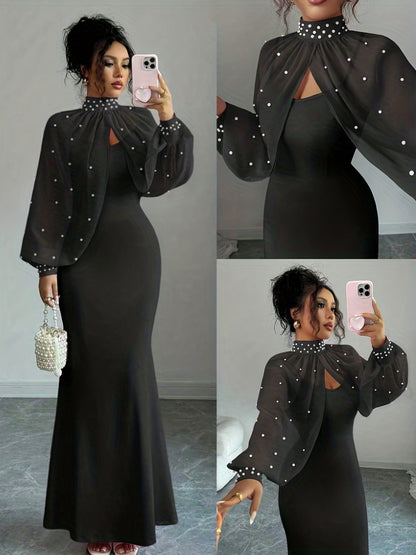 WY251221079 Elenzga New Elegant Mature Charm Evening Gown, Graceful and Gentle, Dreamy Pink, Hand-beaded Long Sleeve Top, Elegant Mermaid Fit Strapless Dress Set, Spring/Summer Women's Wear
