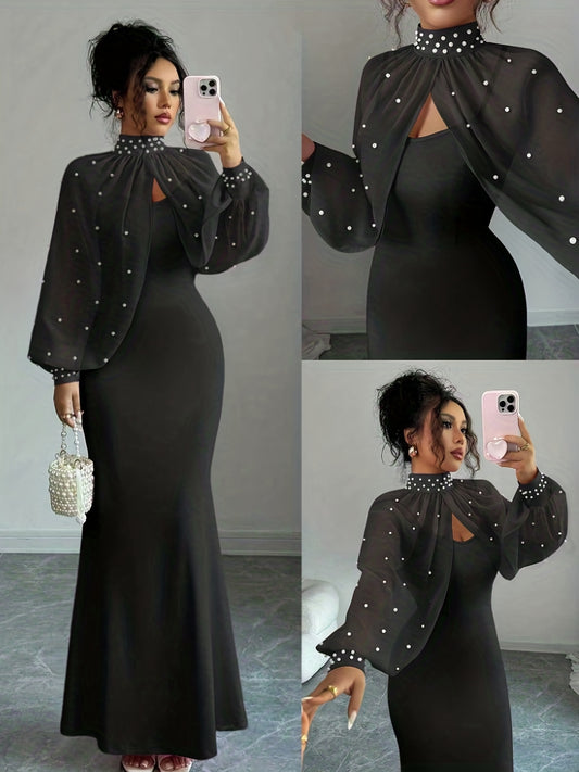 WY251221079 Elenzga New Elegant Mature Charm Evening Gown, Graceful and Gentle, Dreamy Pink, Hand-beaded Long Sleeve Top, Elegant Mermaid Fit Strapless Dress Set, Spring/Summer Women's Wear