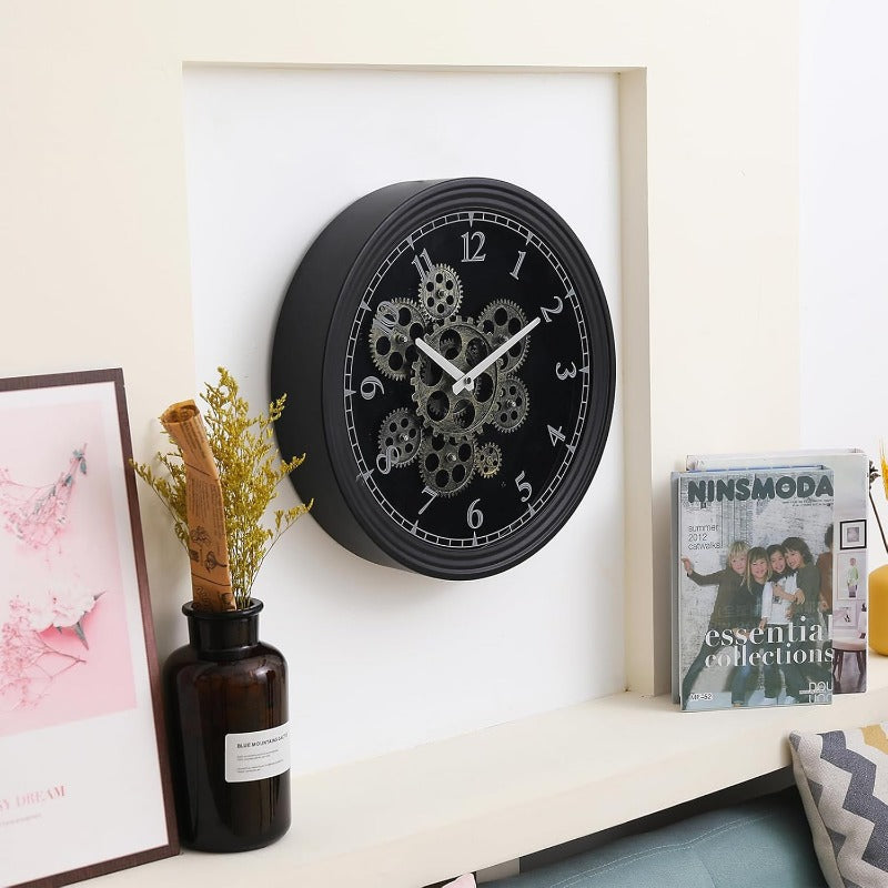 15 Inch Vintage Industrial Steampunk Metal Wall Clock with Moving Gears - Large & Golden Gear Mechanism, No Electricity Needed