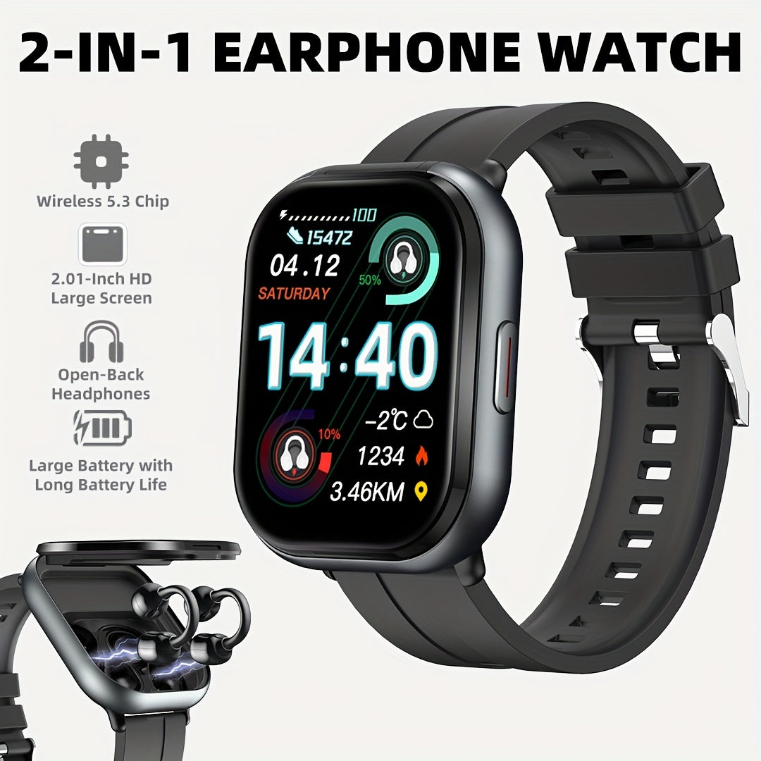 New 2-in-1 Multifunctional with Silicone Strap, Black/Silver 2 Colors Available, Supports Call Reception, 2.01-Inch HD Screen, TWS Wireless Earbuds, Birthday Gift, Valentine'S Day/father'S Day/halloween/christmas Present