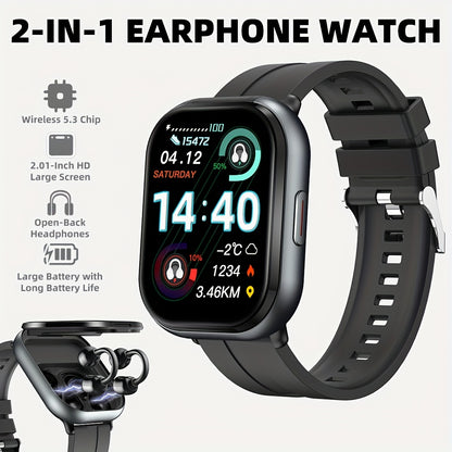 New 2-in-1 Multifunctional with Silicone Strap, Black/Silver 2 Colors Available, Supports Call Reception, 2.01-Inch HD Screen, TWS Wireless Earbuds, Birthday Gift, Valentine'S Day/father'S Day/halloween/christmas Present
