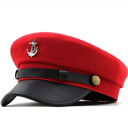 Women's Nautical Anchor Beret Hat - Red & Black Yacht with White Anchor Emblem, Adjustable Buckle Closure, Large Head Size for Face, All-Season Lightweight French-Style for Sailing, Parties & Maritime Events