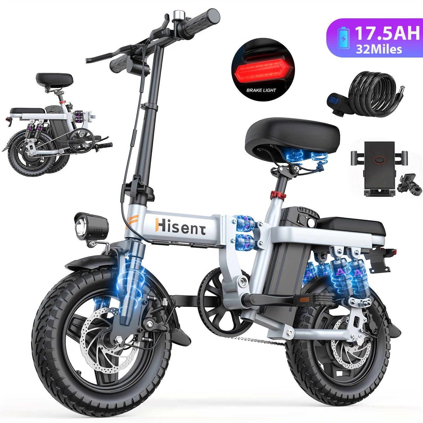 Hisent Adult Electric Bicycle, 48V 6A10A/15A/17.5A Lithium Battery, 20MPH, 8-35 Miles Range, 740W Brushless Motor, Multiple Shock Absorbers, 14" High-quality Tires, 3-step Folding, LCD Display, with Headlight And Taillight, C