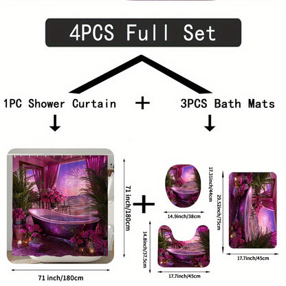 1/4pcs Dreamy Bathtub Night Scene Print Set, Extra Wide Circular Shower Curtain, Includes Non-Slip Mat, Toilet Seat Cover, Floor Mat, and 12 Plastic Hooks, Bathroom Accessories, Holiday Decoration, Home Gift, Shower Curtain S