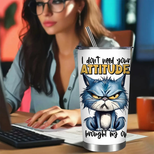 1pc 20oz Stainless Steel Tumbler with Lid - Double-Wall Vacuum Insulated Cup, Leakproof & -Slip Grip, Funny Grumpy Design with "I Don't Need Your ATTITUDE" Slogan, Hot/Cold Beverage for Office, Travel, Camping, School - Gift