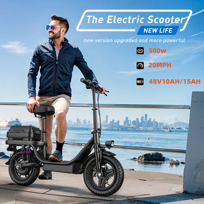 Peak Power 740W Adult Electric Scooter with Seat, 48V10/15AH Lithium Battery, 10 Shock Absorption, 14-Inch Tubeless Protective Tires, Dual Disc Brakes