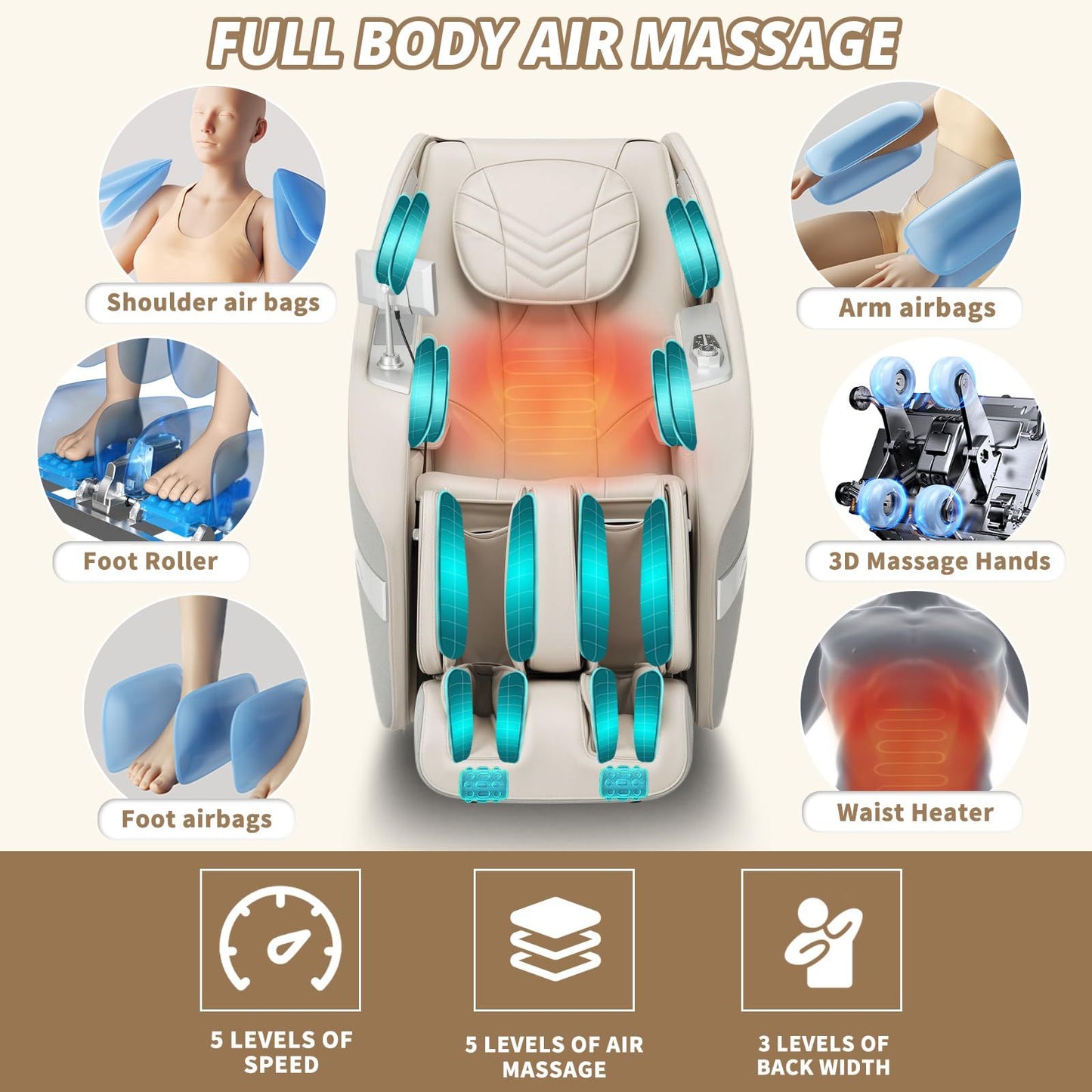 3D Massage Chair Full Body Zero Gravity Recliner - with Heated Heat, 12 Auto Massage Modes, Shiatsu Foot Massage, with 55" SL Track, 28 Airbags Massage, Foot Roller