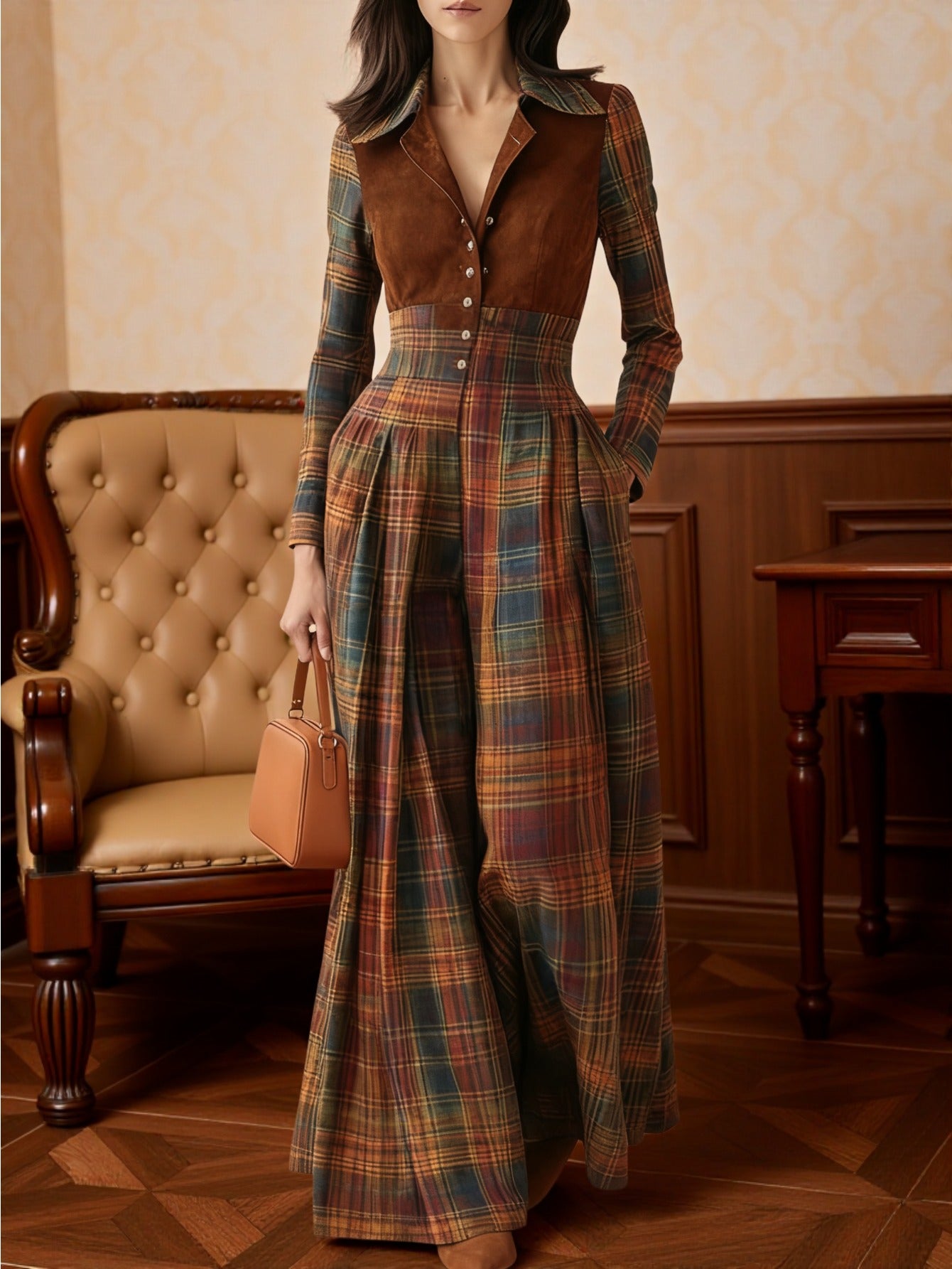 Women's Brown Plaid Patchwork Button-Front Jumpsuit - High-Waisted Wide-Leg Elegant Bohemian Romper for Vintage Parties, Art Exhibits & Fall/Winter Events | Hand Washable Non- Outfit