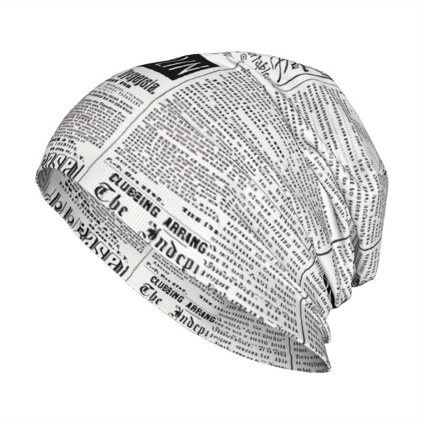 Vintage Newspaper Print Soft Knit Beanie Hat for Men & Women - Funky Style, Stretchy & Comfortable Ski Cap, Hand Washable, White with Black Text Design, Winter Hat