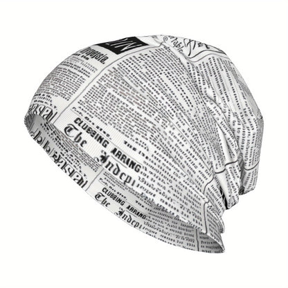 Vintage Newspaper Print Soft Knit Beanie Hat for Men & Women - Funky Style, Stretchy & Comfortable Ski Cap, Hand Washable, White with Black Text Design, Winter Hat