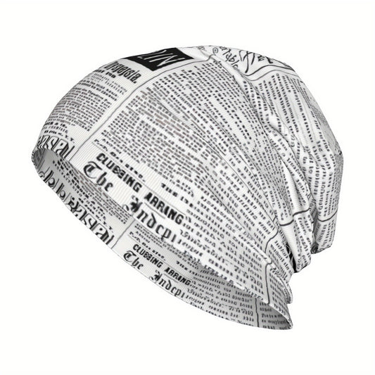 Vintage Newspaper Print Soft Knit Beanie Hat for Men & Women - Funky Style, Stretchy & Comfortable Ski Cap, Hand Washable, White with Black Text Design, Winter Hat