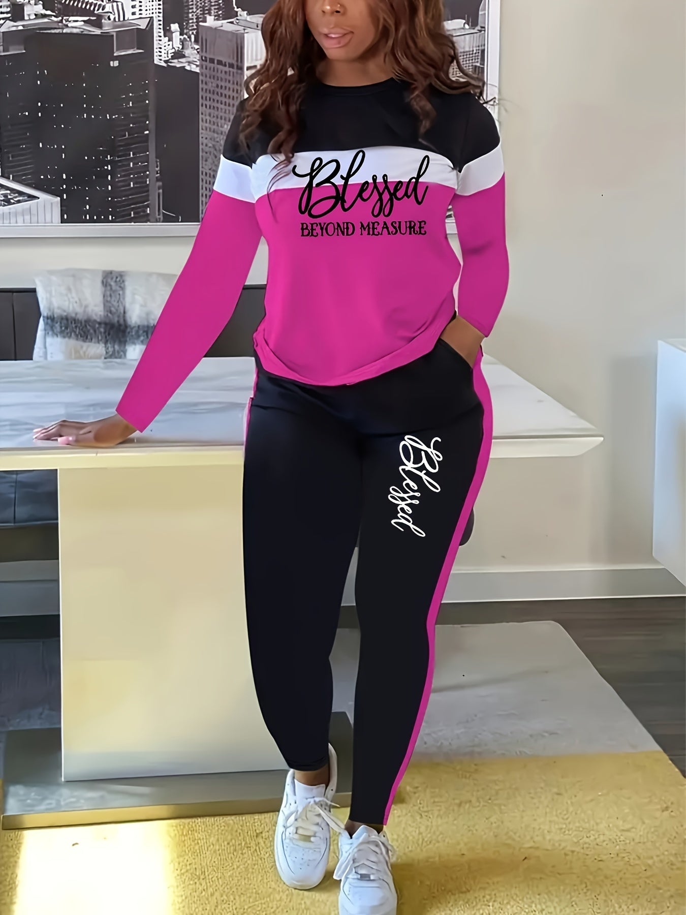 Women's Casual Suit with Color Block and Letter Print, Workwear Set, Casual Attire, Geometric Pattern, Trendy Fashion, Durable Material, Comfortable Fabric, Stylish Ensemble, Matching Set, Urban Style, Fashion Women