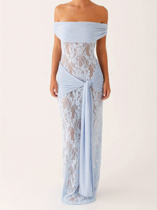 Elegant Off-Shoulder Lace Evening Gown for Women - Slim Fit, Short Sleeve, Knotted Strapless Design with Shoulder Detail, Solid Color Blue, Perfect for Summer Formal or Casual Events, Event Dress | Kneelength Dress | Polyeste