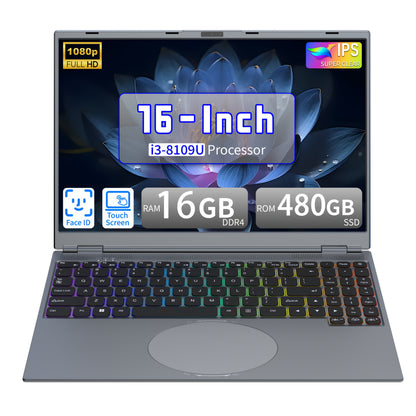 16" Touchscreen Business Laptop | Intel Core i3, 3.0 to 3.6 GHz, 16GB/32GB RAM, 480GB/960GB SSD, RGB Color Backlit Keyboard, Face Recognition, 5000 mAh Battery, American-style Plug