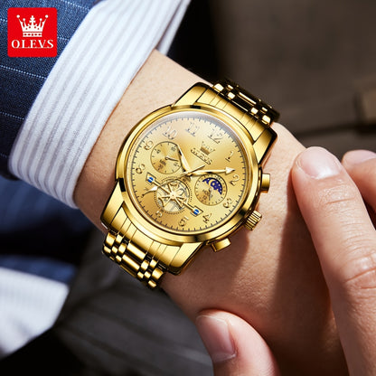 OLEVS Men's Luxury Multifunctional Quartz Watch - Stainless Steel Luminous Analog Watch with Moon Phase, Chronograph, Date/Day/24H Indicator, Golden-Tone & Bracelet for Business, Casual, Casual Attire - Dress Watch