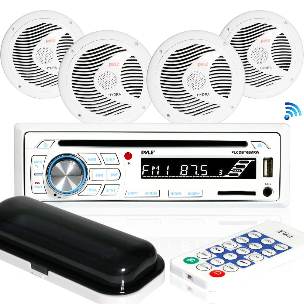 Pyle PLCDBT85MRW Marine Stereo Receiver Kit with Single DIN In-Dash LCD Digital Display, Built-in Bluetooth and Microphone, Includes Four 6.5” Waterproof Speakers, USB/SD/MP3/AUX/FM Radio Reader, Remote Control, Universal M
