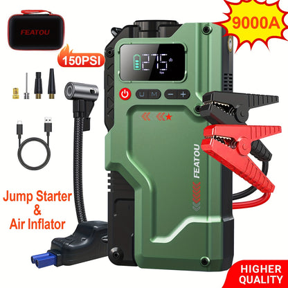 9000A Jump Starter with Air Compressor, 5in 1 Function Jump Box 150PSl JumpStarter Battery Pack with Digital Tire Inflator, Car Battery Charger Portable for 10L GasOr 9.0L Diesel Battery Charger, Car Jumper Starter Portable