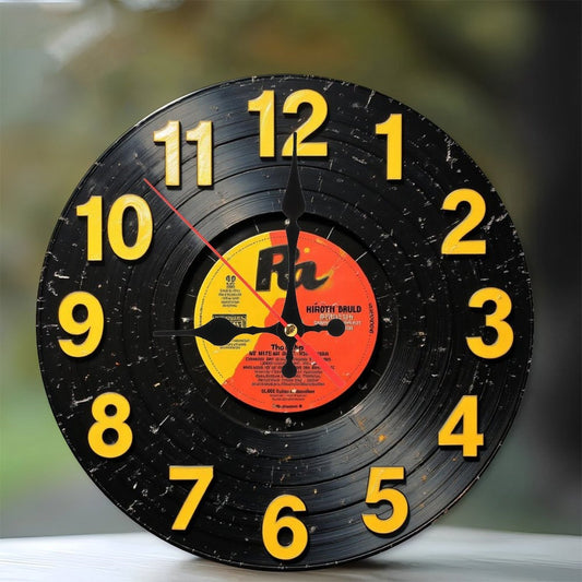 10 Inch Vinyl Record Wall Clock - Silent Non-Ticking Japanese Quartz Movement, Retro Black & Yellow Numbers, Artificial Wood Design, Battery Powered (AA Not Included) - Vintage Home Decor for Living Room, Bedroom, Unique Gift