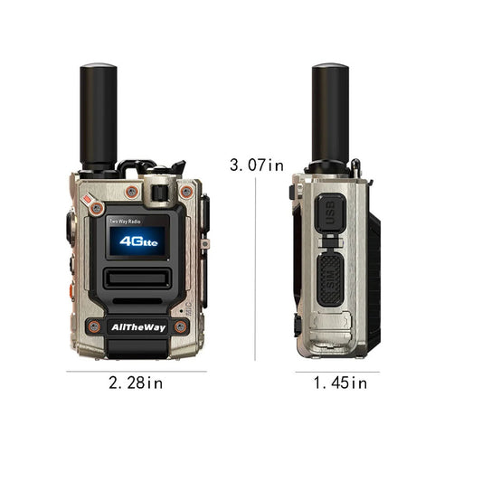 2-pieces AllTheWay metal color long-distance global walkie talkie, two-way communication, ultra long battery life, equipped with 1 SIM card per unit, 2G/3G/4G/5G, 5000KM extended distance, suitable for work site and long-dist