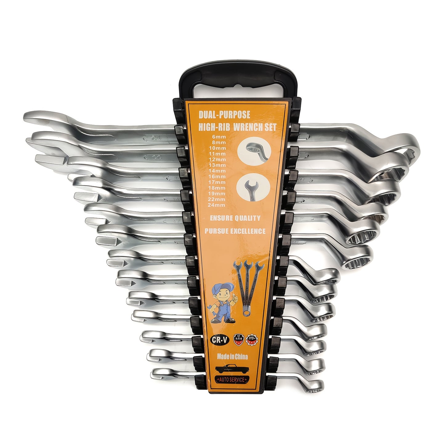 [13pcs Metric Wrench Set] 13pcs Offset Box Wrench Set, Metric Combination Wrench Set 6-24mm | 75° High-Rib, Cr-V Steel, with Rolling up Pouch, for Car, Motorcycle, Bicycle, Repair, Mechanical Tool
