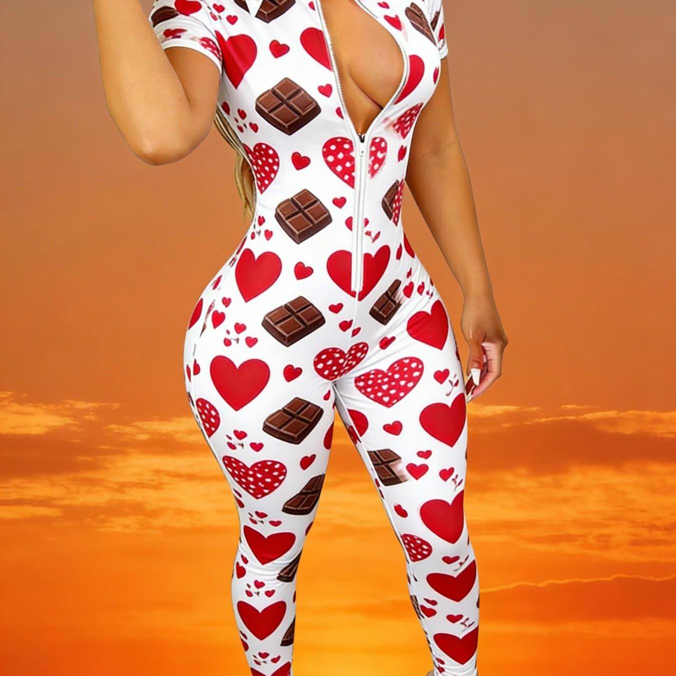 Sexy Streetwear Valentines Day Bodysuit | Short Sleeve, Figure Hugging, 2D Printed, Modern Casual Jumpsuit for Women