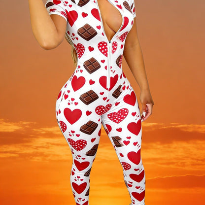Sexy Streetwear Valentines Day Bodysuit | Short Sleeve, Figure Hugging, 2D Printed, Modern Casual Jumpsuit for Women