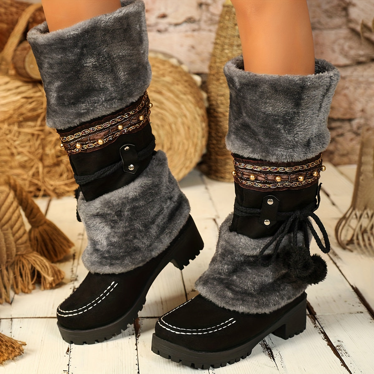 Ethnic Cowboy Boots for Men - Women's Mid-Calf Boots - High Heel Ankle Boots with Faux Fur Lining - Autumn and Winter