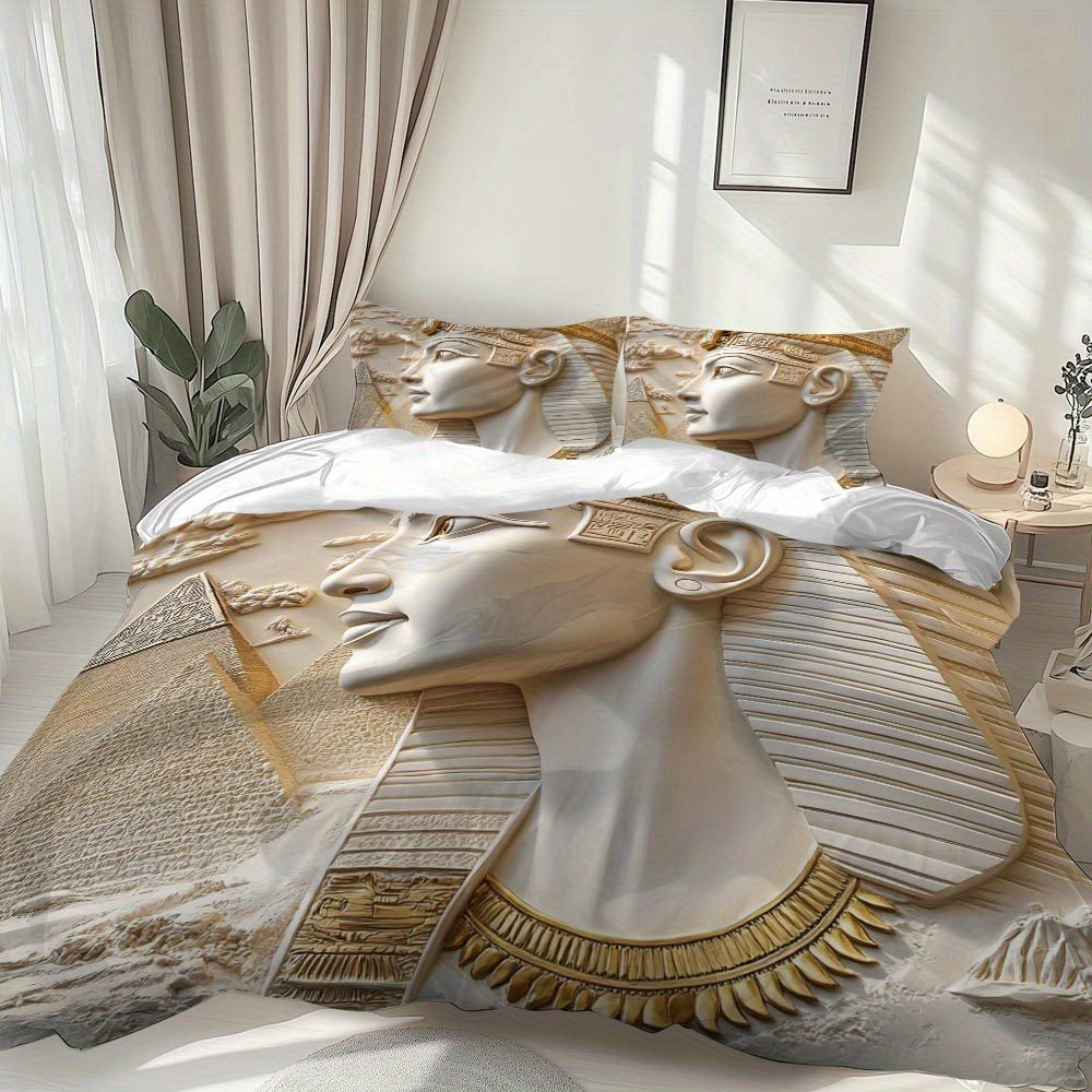 MOKALALA 3pcs Egyptian Pharaoh Bedding Set - King Tutankhamun Design with Golden & Beige Ancient Egypt Patterns, 1 Duvet Cover + 2 Pillowcases, All-Season Luxury Bedspread for Themed Home Decor, Christmas Gift Idea, Machine W