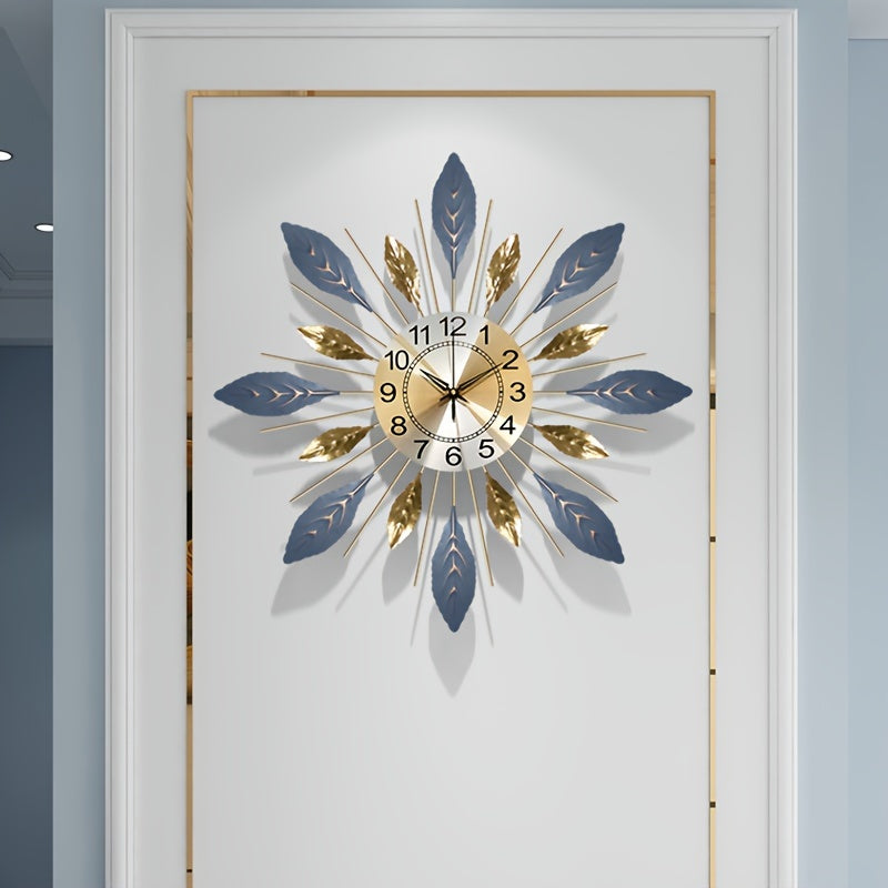1pc Large Modern Metal Wall Clock 21.6 Inch - Silent Non-Ticking Modern Square/Rectangular Design with Golden-Toned Hands & Blue Leaf Face, White Numerals - Elegant Large Wall Clock for Living Room, Bedroom, Home Decor in Gol