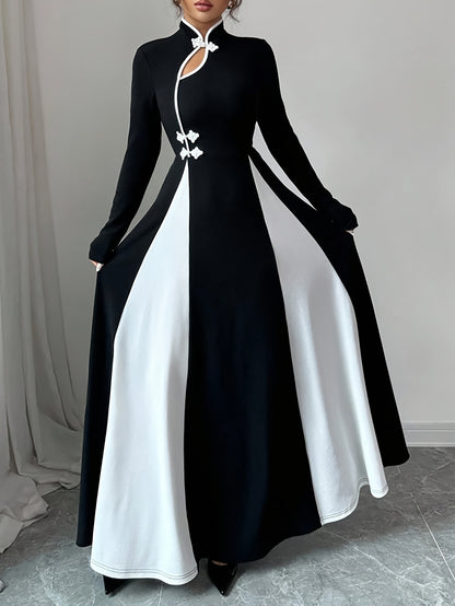 Women'S Elegant Chinese-Inspired A-Line Maxi Dress with Asymmetrical Hem & Stand Collar - Black & White Color Block, Long Sleeve, Round Neck, All-Season Versatile
