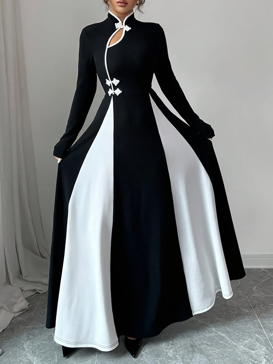 Women'S Elegant Chinese-Inspired A-Line Maxi Dress with Asymmetrical Hem & Stand Collar - Black & White Color Block, Long Sleeve, Round Neck, All-Season Versatile